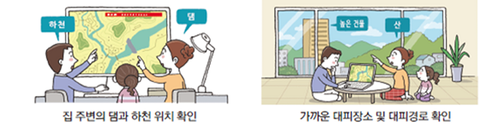 집 주변의 댐과 하천 위치를 확인하고 가까운 대피장소 및 대피경로를 확인