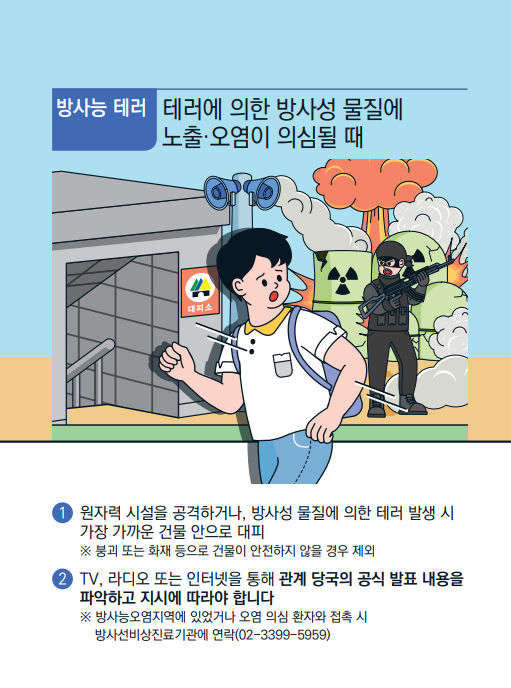 방사능 물질 이용시설에 폭발이 발생하여 지하대피로소 대피하는 이미지
