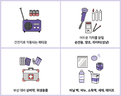 건전지로 작동되는 라이도 어두운 지하를 밝힐 손전등, 양초, 라이터(성냥) 부상 대비 상비약, 위생용품 비닐 백, 비누, 소독액, 세제, 테이프