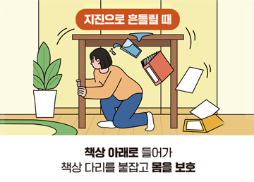 책상 아래로 들어가 책상 다리를 붙잡고 몸을 보호