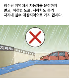 침수된 지역에서 자동차를 운전하지 말고, 하천변 도로, 지하차도 등의 저지대 침수 예상지역으로 가지 맙시다.