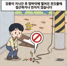 강풍이 지나간 후 땅바닥에 떨어진 전깃줄에 접근하거나 만지지 않습니다.