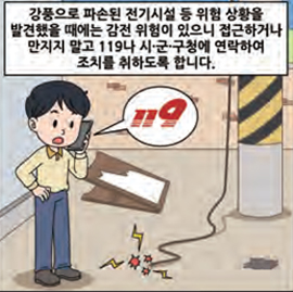 강풍으로 파손된 전기시설 등 위험 상황을 발견했을 때에는 감전 위험이 있으니 접근하거나 만지지 말고 119나 시·군·구청에 연락하여 조치를 취하도록 합니다.