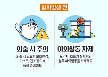 황사발생 전 외출시 주의 외출 시 필용한 보호안경, 마스크, 긴소매 의복 등을 준비해요 야외활동 자제 노약자, 호흡기 질환자의 경우 야외활동을 자제해요