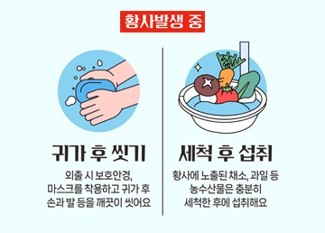 황사발생 중 귀가 후 씻기 외출 시 보호안경, 마스크를 착용하고 귀가 후 손과 발 등을 깨끗이 씻어요 세척 후 섭취 황사에 노출된 채소, 과일 등 농수산물은 충분히 세척한 후에 섭취해요